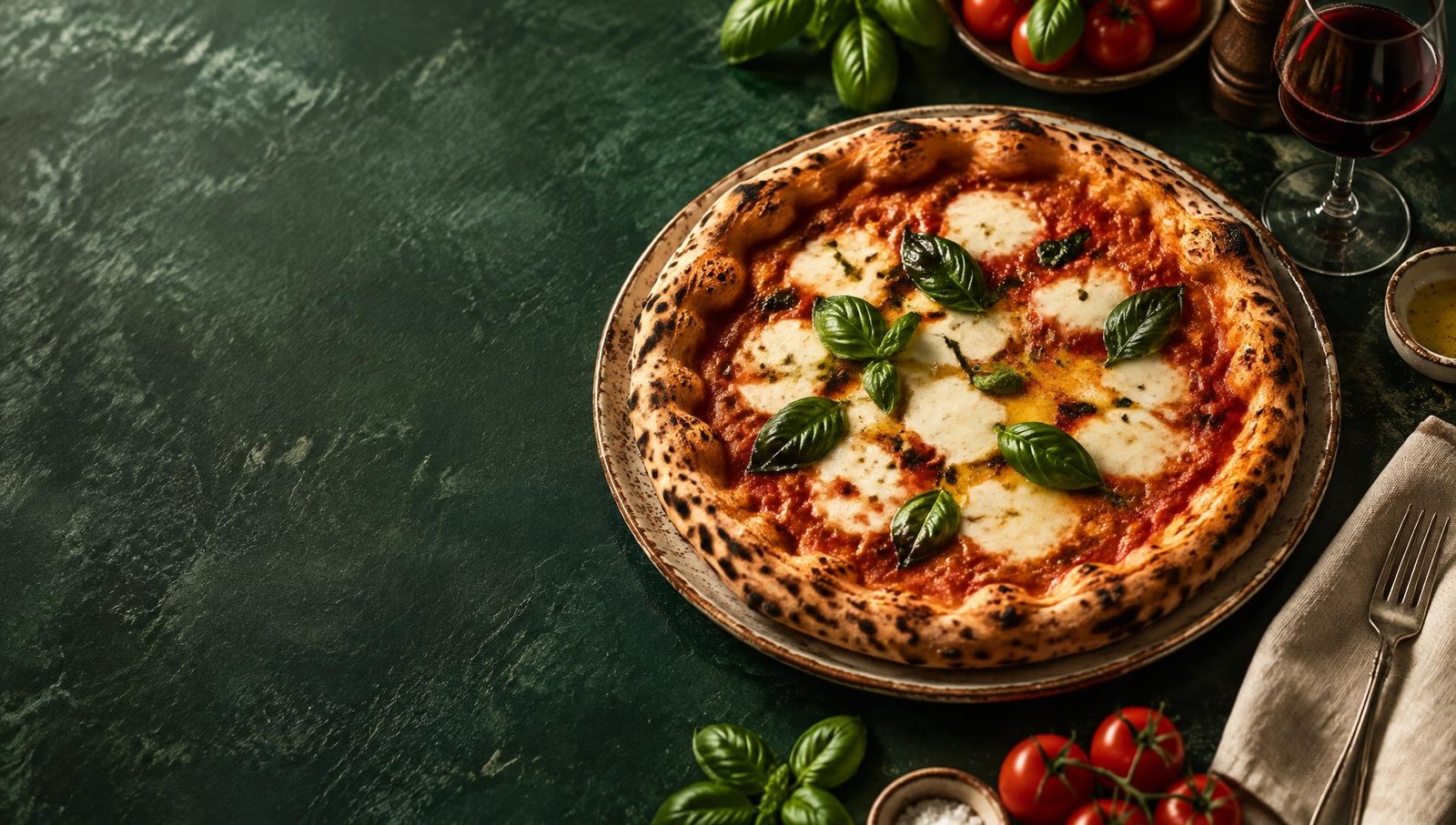 Pizza margherita con basilico e un calice di vino su una tavola verde